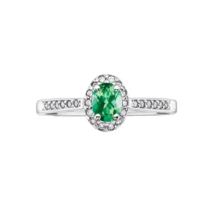 10K White Gold (May) Birthstone Emerald and Diamond Halo Ring