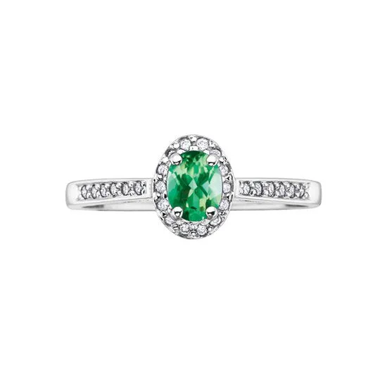 10K White Gold (May) Birthstone Emerald and Diamond Halo Ring