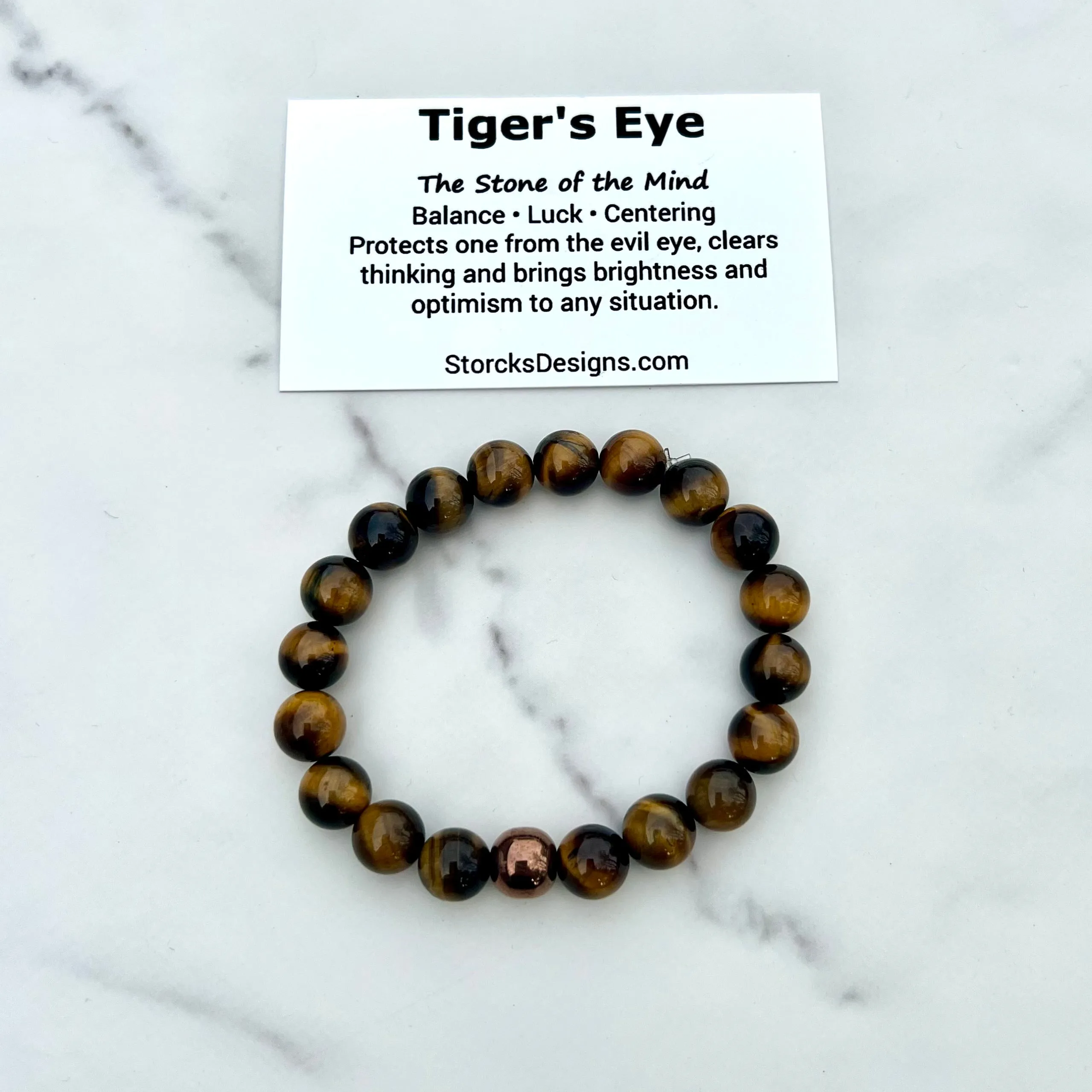 10mm Brown Tiger's Eye Beaded Bracelet with Hematite Accent Bead