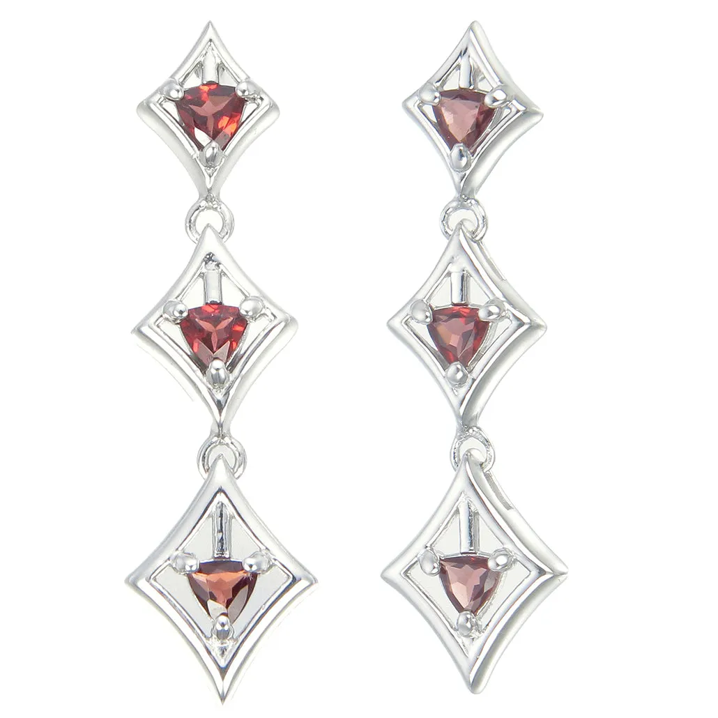 1.10 cttw Garnet Dangle Earrings .925 Sterling Silver With Rhodium 4 MM Trillion