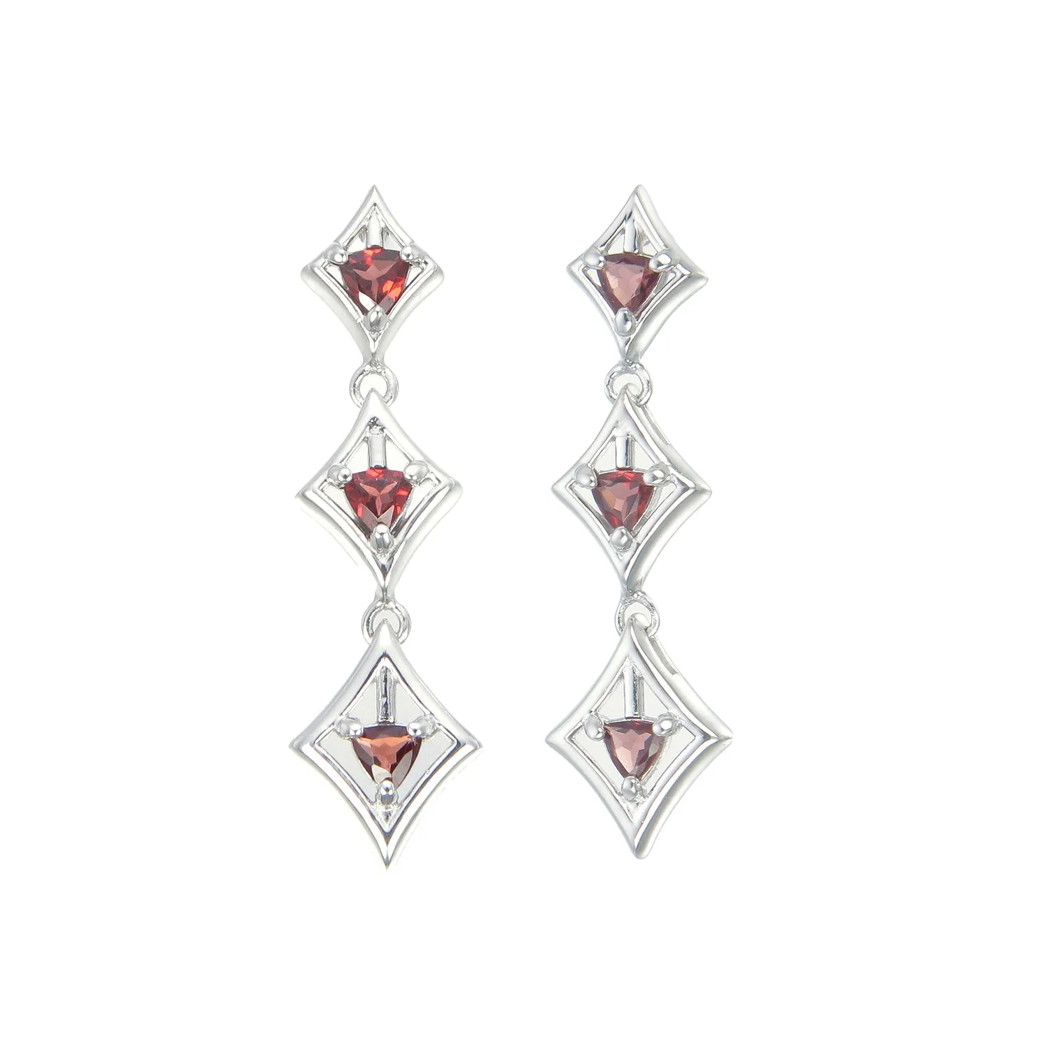 1.10 cttw Garnet Dangle Earrings .925 Sterling Silver With Rhodium 4 MM Trillion