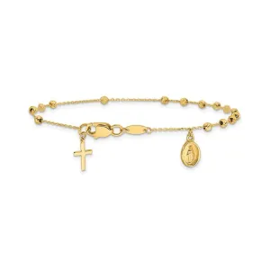 14K Diamond Cut Beaded Miraculous Medal and Cross Rosary Bracelet