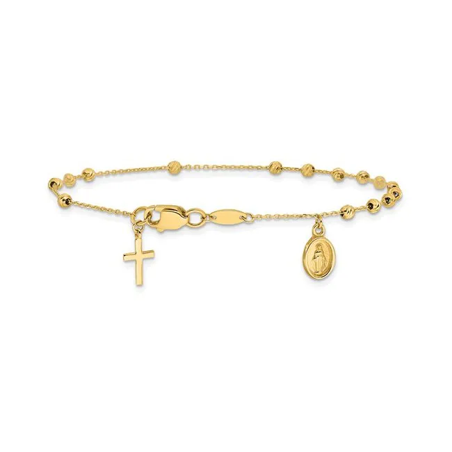 14K Diamond Cut Beaded Miraculous Medal and Cross Rosary Bracelet