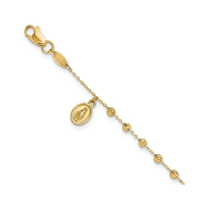 14K Diamond Cut Beaded Miraculous Medal and Cross Rosary Bracelet