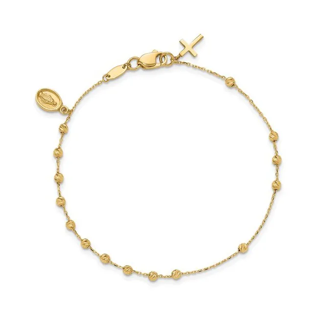 14K Diamond Cut Beaded Miraculous Medal and Cross Rosary Bracelet