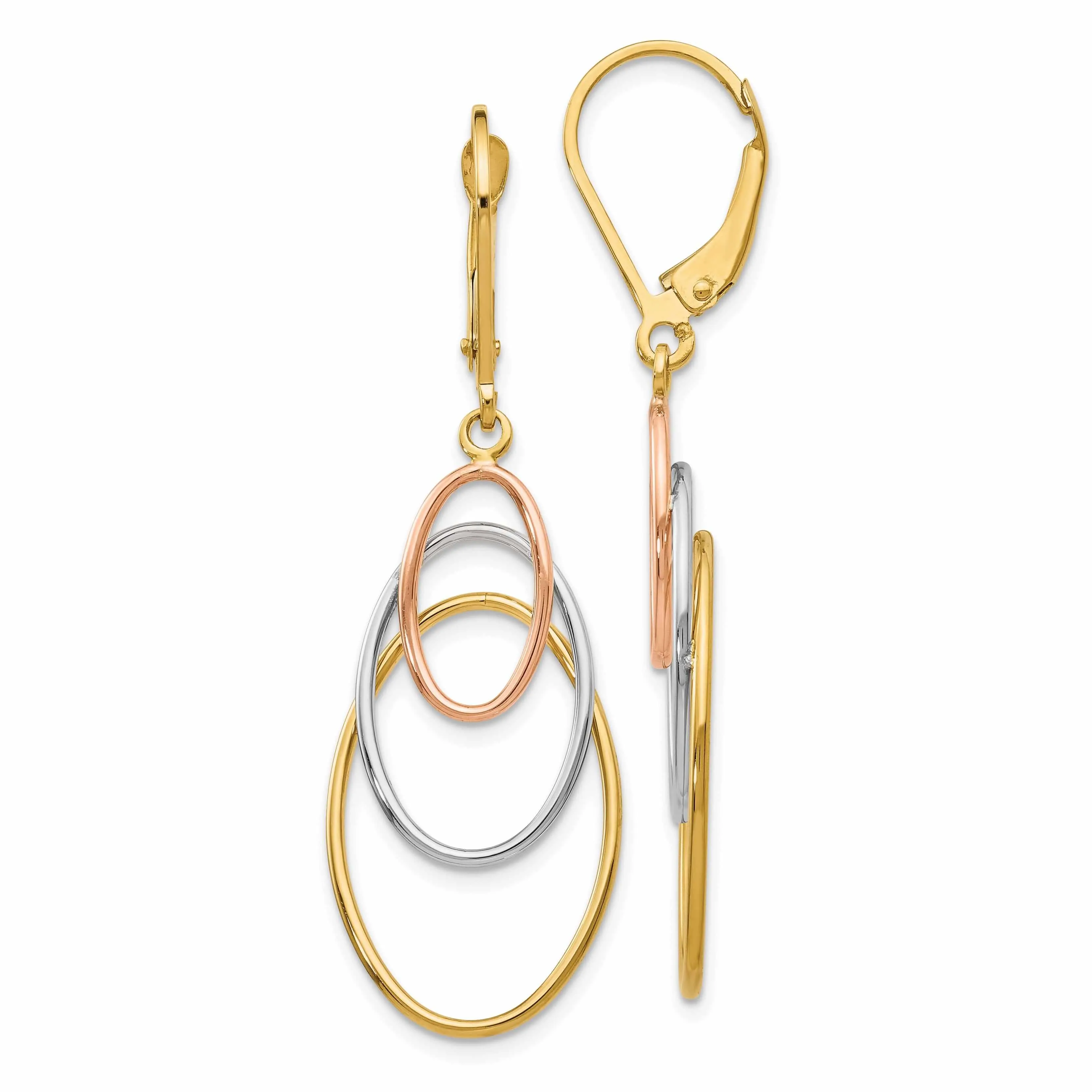 14k Tri color Dangle Leverback Earrings
