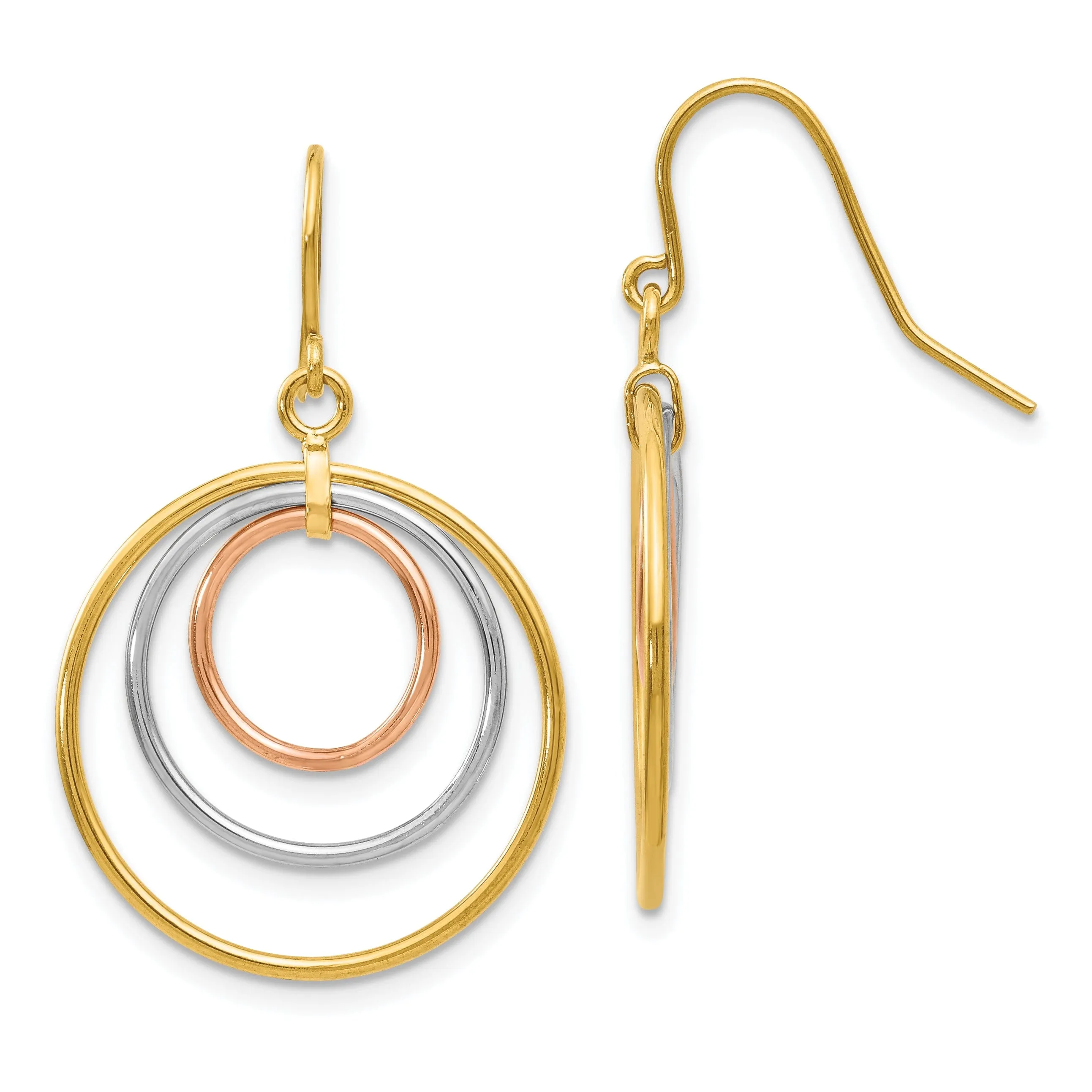 14k Tri-Color Gold Circle Dangle Earrings