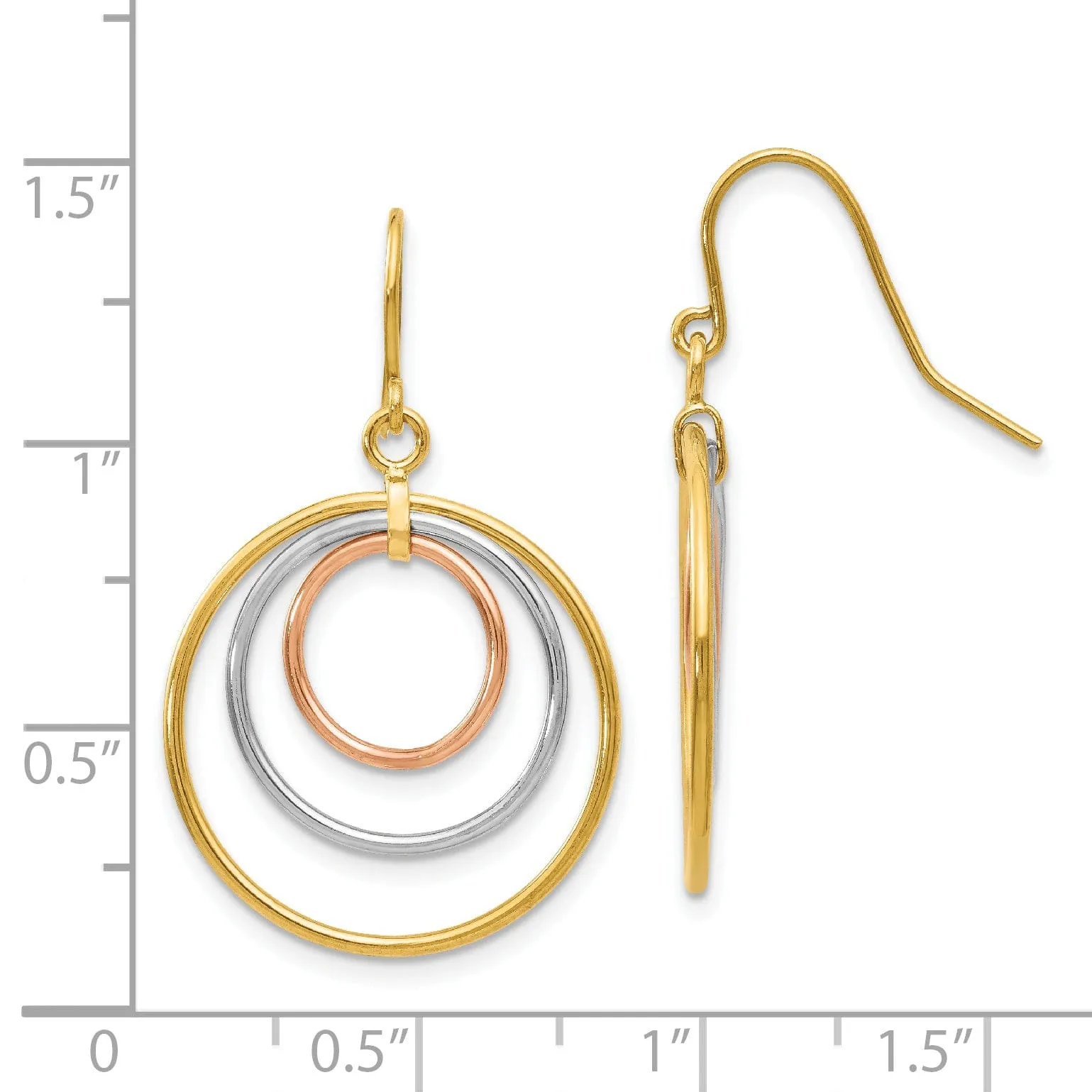 14k Tri-Color Gold Circle Dangle Earrings