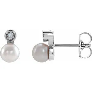 14K White Akoya Cultured Pearl & .03 CTW Diamond Bezel-Set Earrings