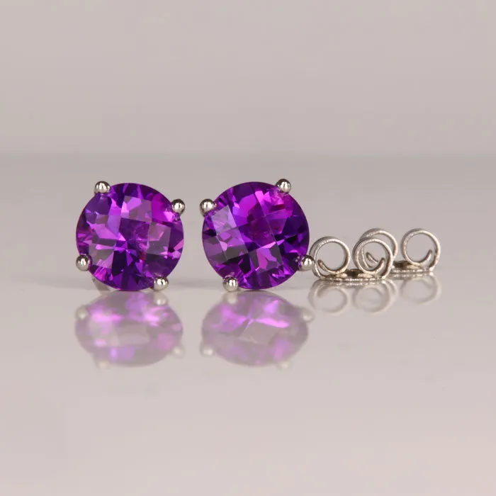 14K White Gold Checkerboard Crown Amethyst Stud Earrings 2.26 Carats