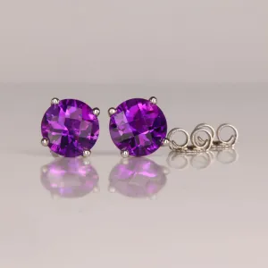 14K White Gold Checkerboard Crown Amethyst Stud Earrings 2.26 Carats