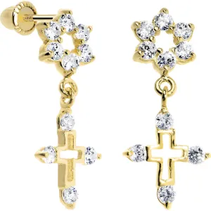 14KT Yellow Gold Clear CZ Flower Cross Dangle Youth Earrings