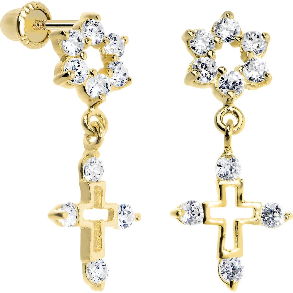 14KT Yellow Gold Clear CZ Flower Cross Dangle Youth Earrings