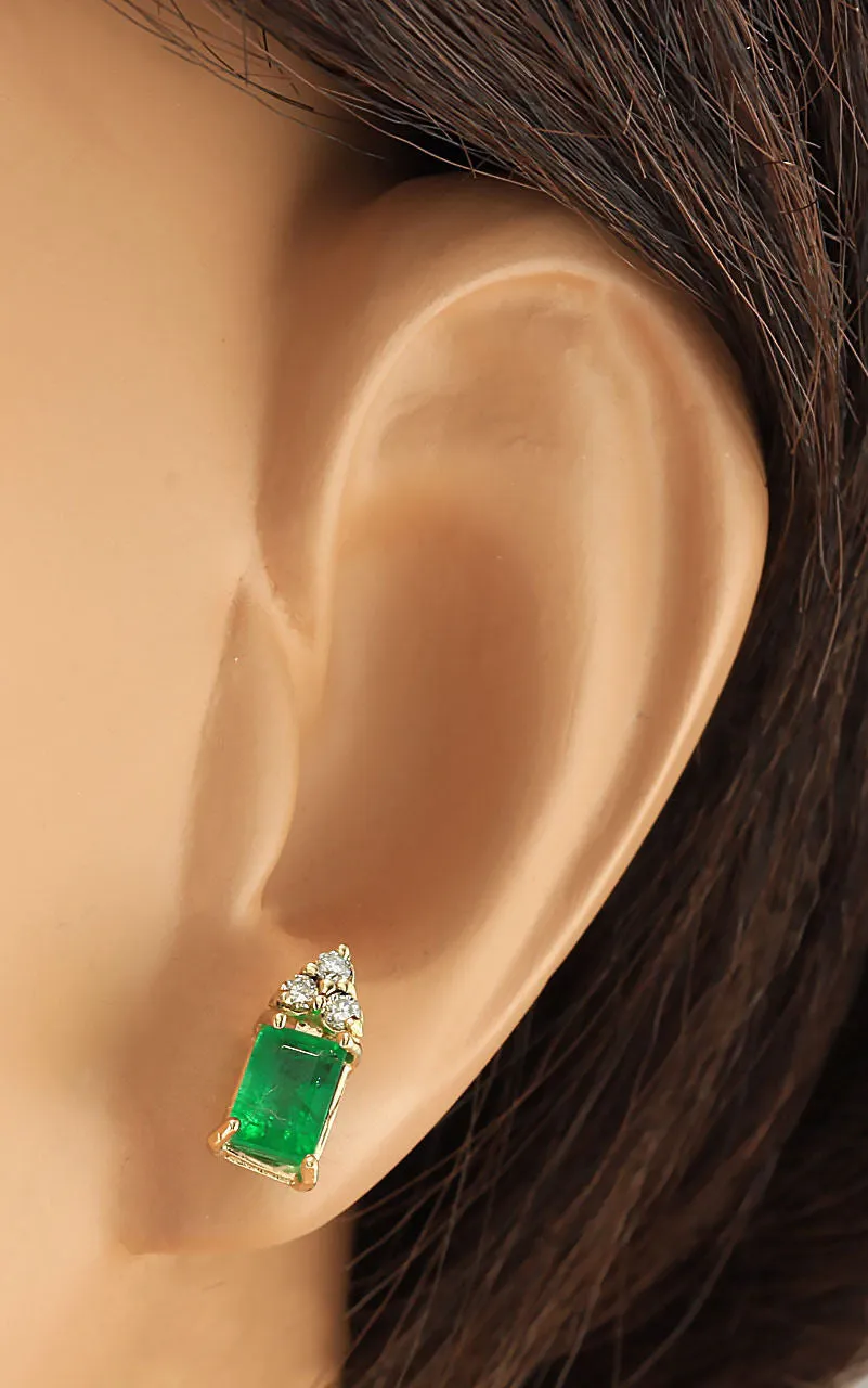 1.60 Carat Natural Emerald 14K Yellow Gold Diamond Earrings