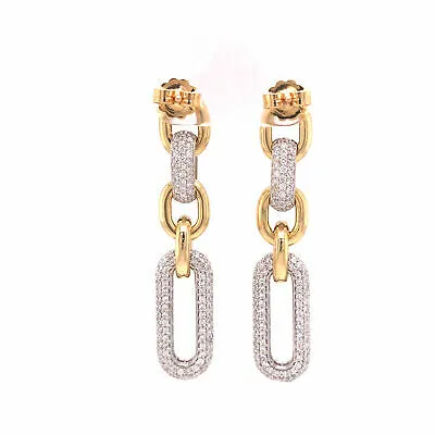 18K Diamond Pave Paperclip Dangle Earrings Two-Tone Gold