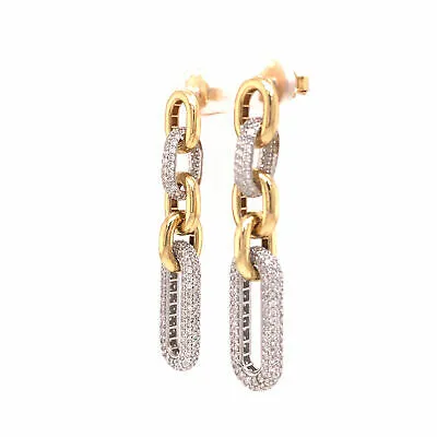 18K Diamond Pave Paperclip Dangle Earrings Two-Tone Gold