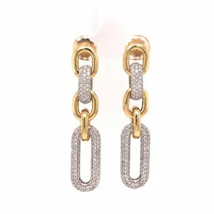 18K Diamond Pave Paperclip Dangle Earrings Two-Tone Gold