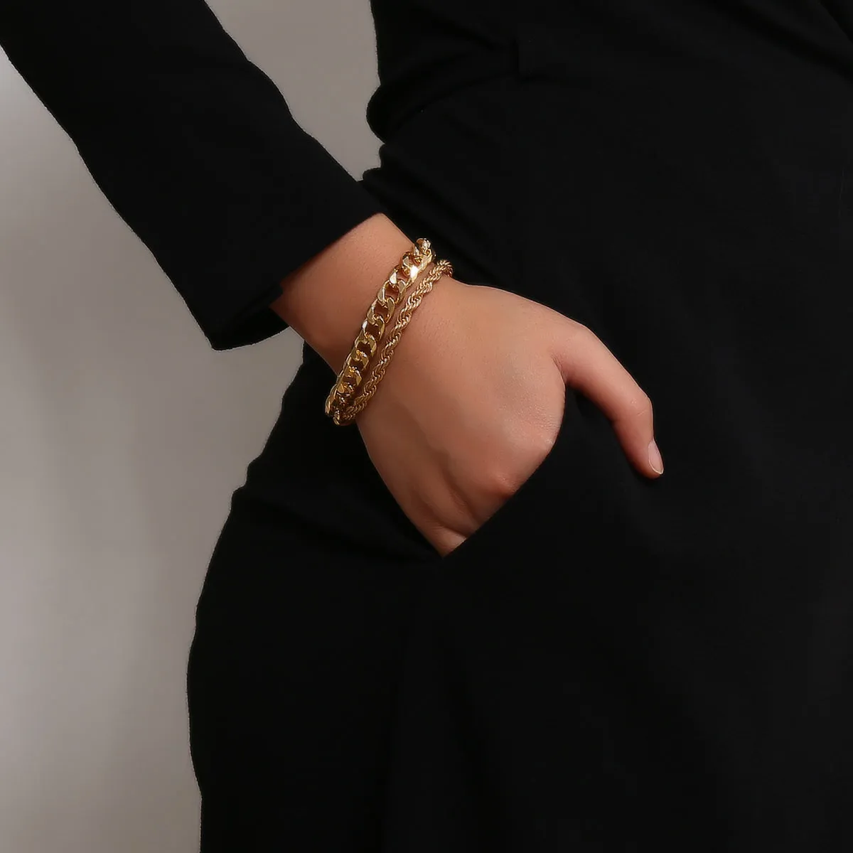18K Gold-Plated Curb & Rope Chain Bracelet Set