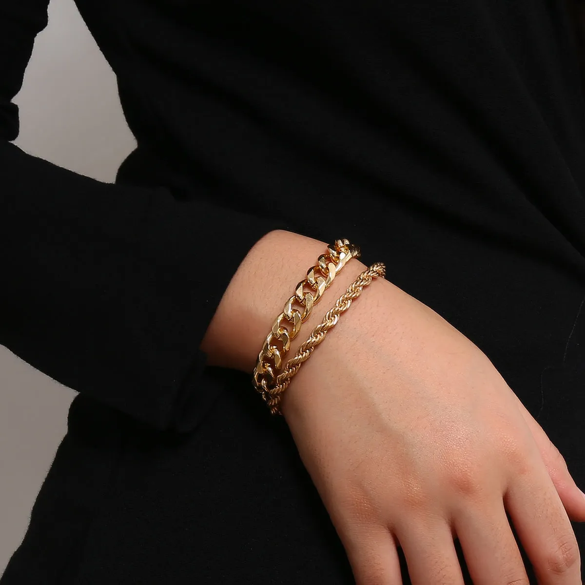 18K Gold-Plated Curb & Rope Chain Bracelet Set