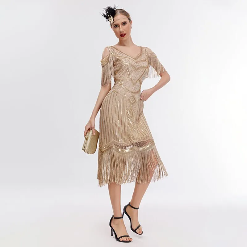 1920s Flapper Dress Vintage Cold Shoulder Fringes Gatsby Dress