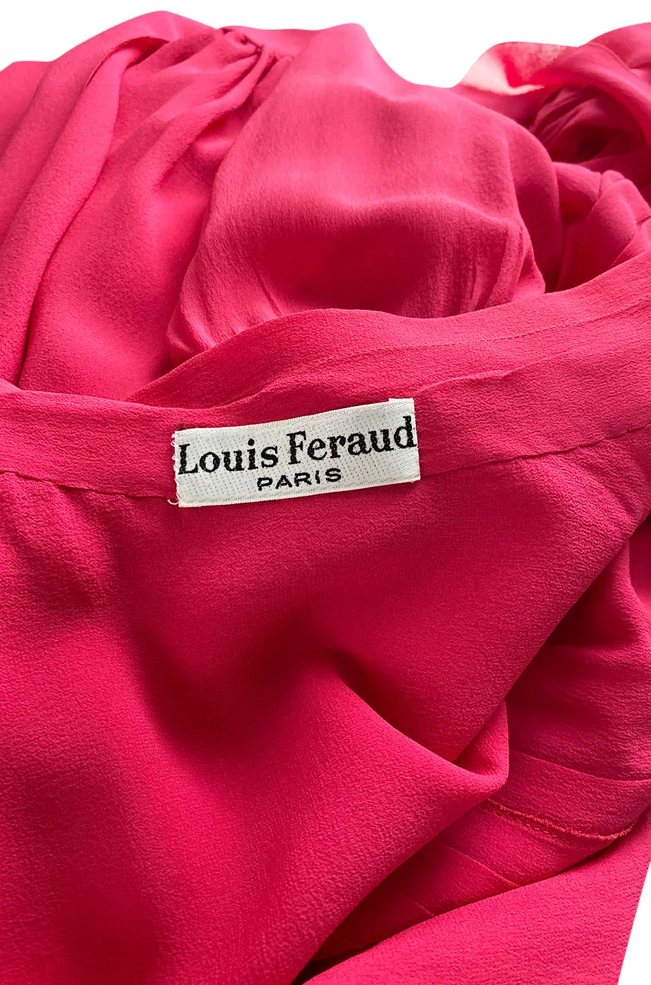 1970s Louis Feraud Haute Couture Hand Pleated Pink Silk Chiffon Day Dress w Bow
