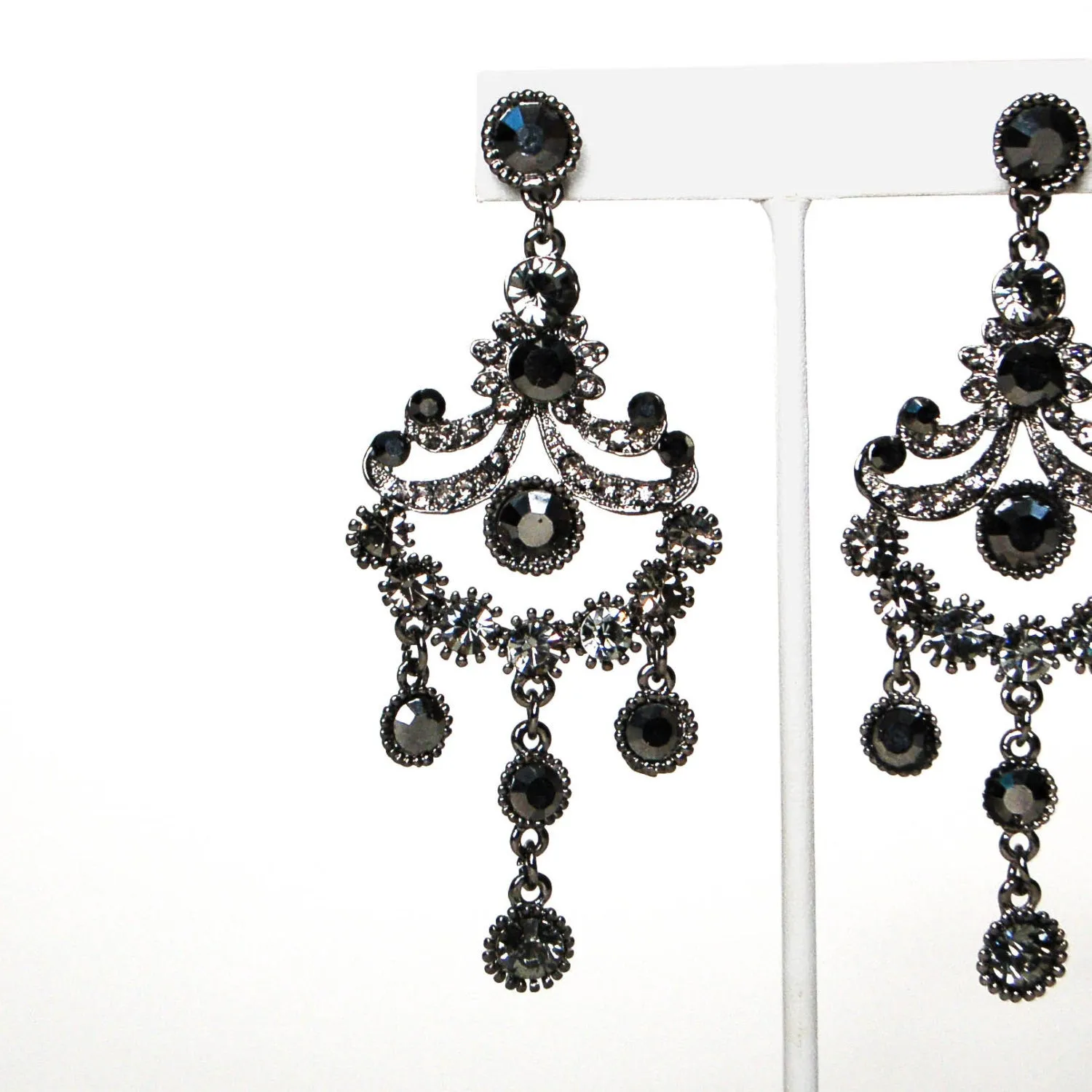 1980's Gunmetal Rhinestone Chandelier Earrings