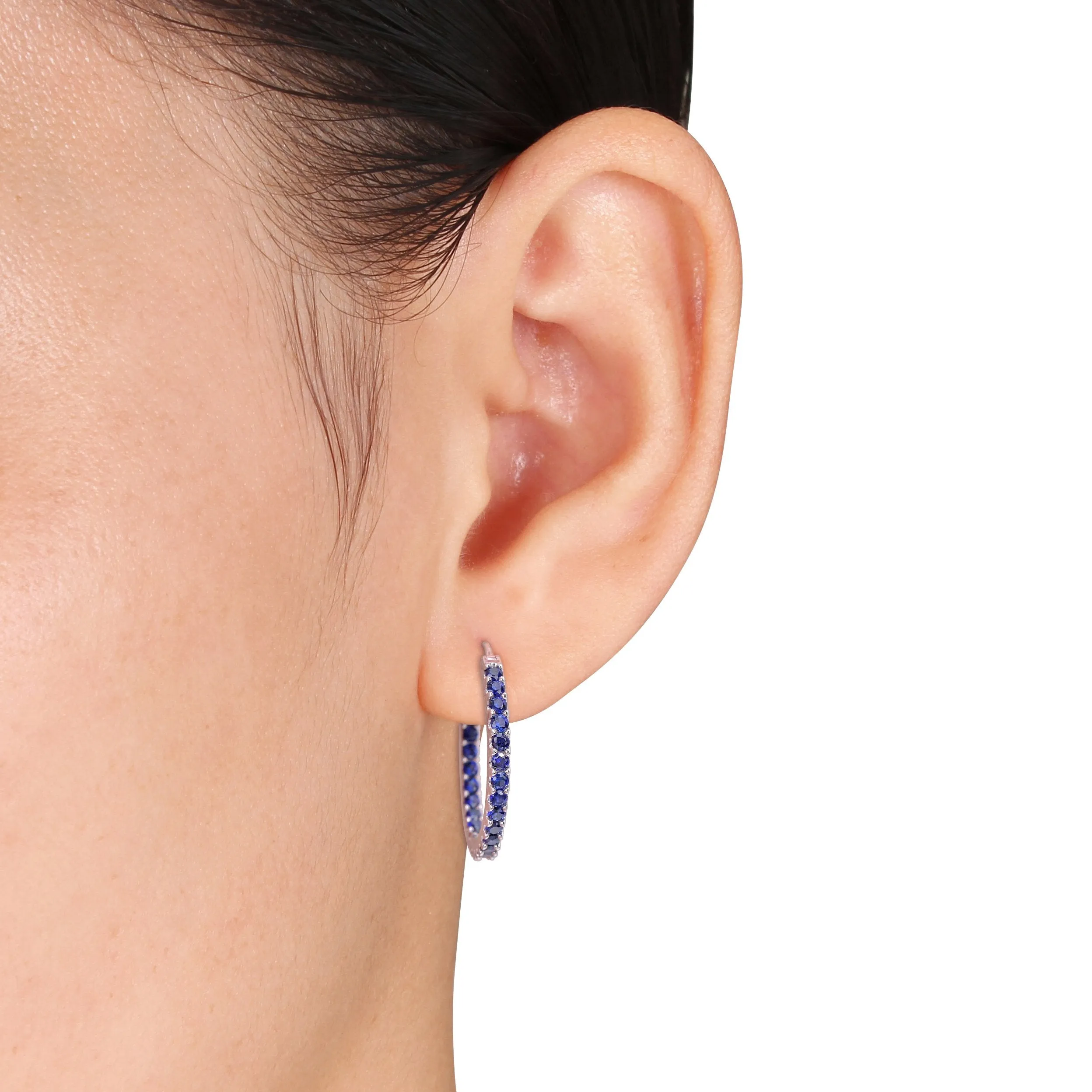 2 4/5 CT TGW Created Blue Sapphire Hoop Earrings 10k White Gold