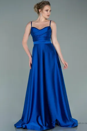 29889 Blue Draped Strap Satin Dress