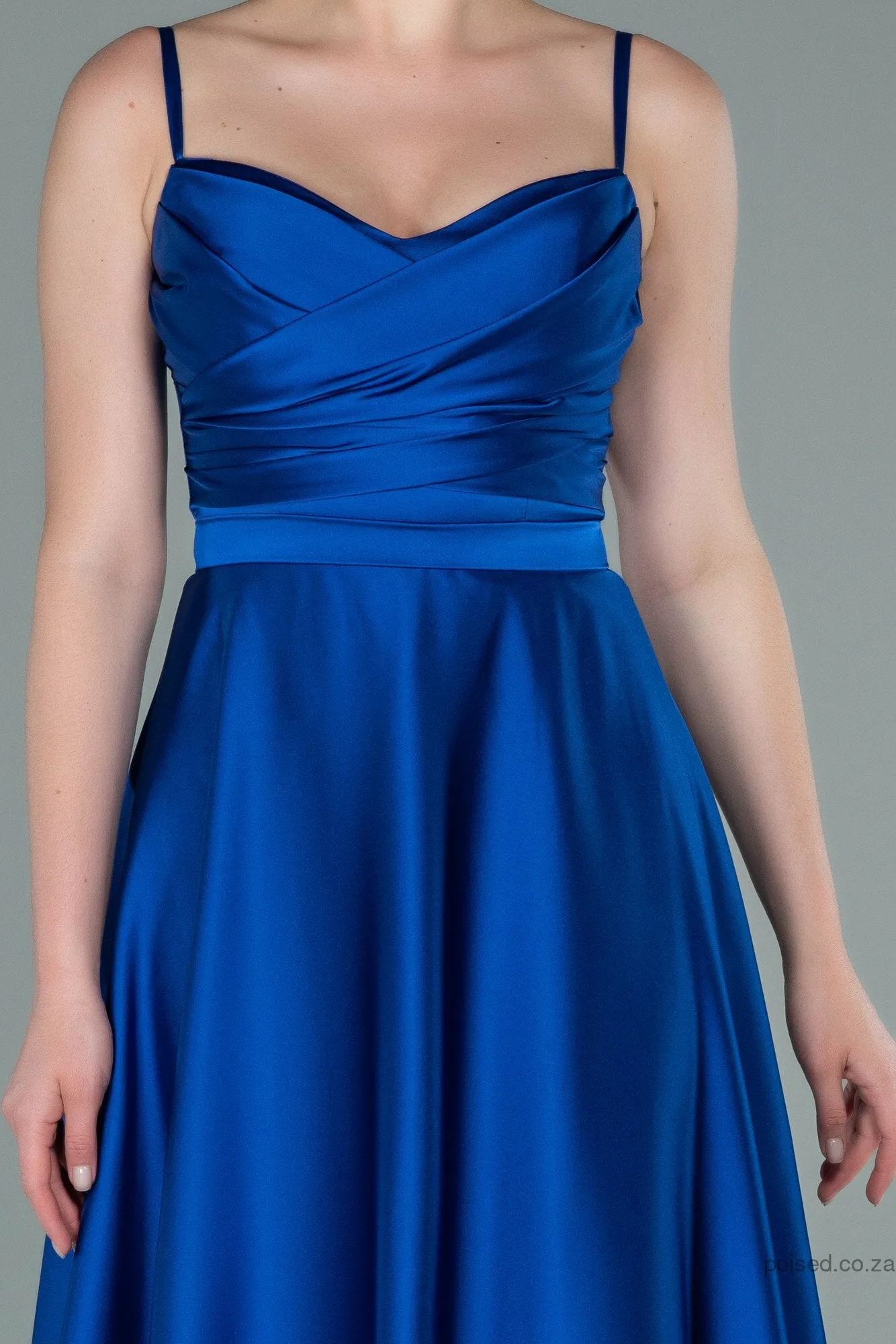 29889 Blue Draped Strap Satin Dress