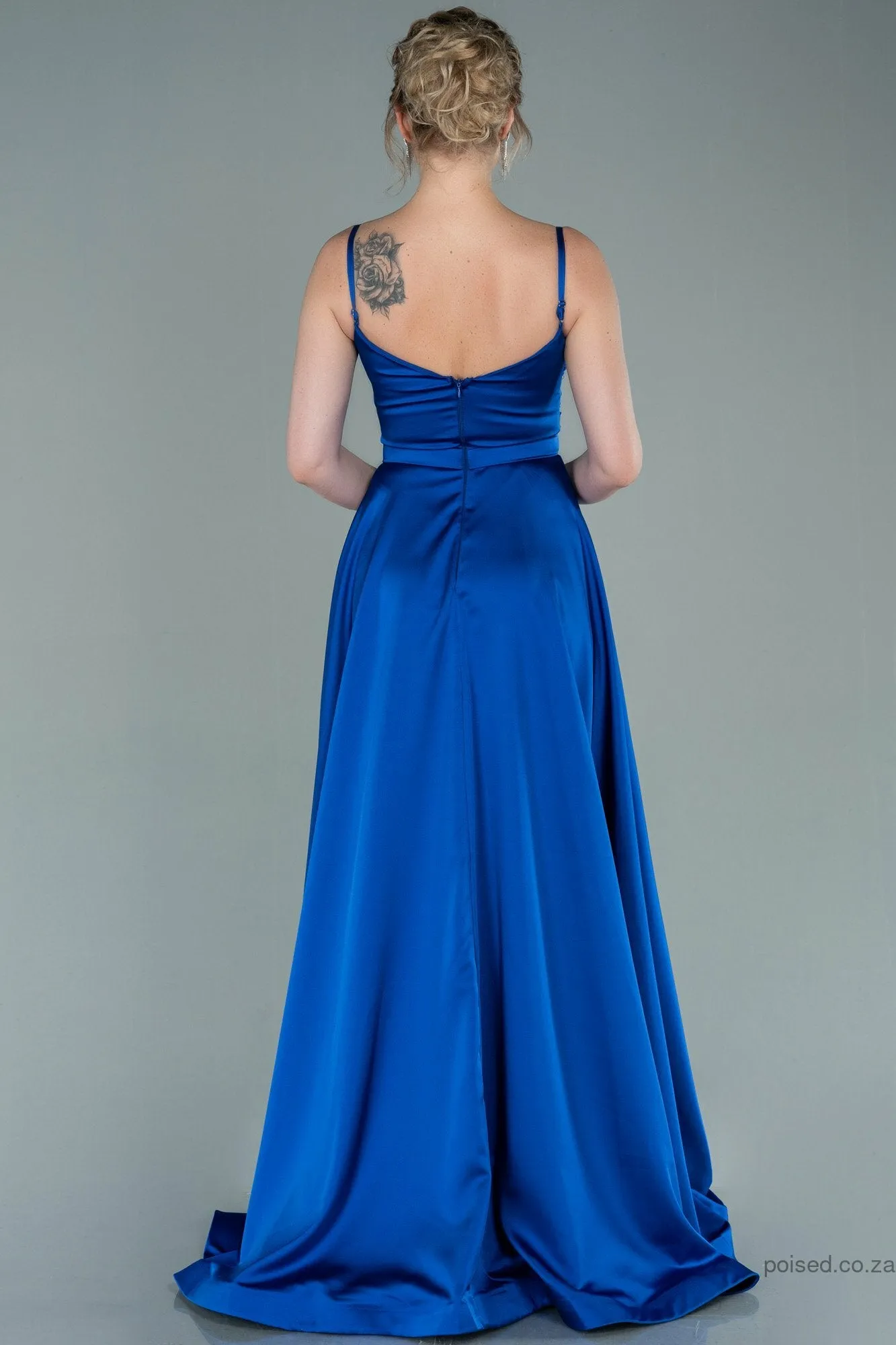 29889 Blue Draped Strap Satin Dress