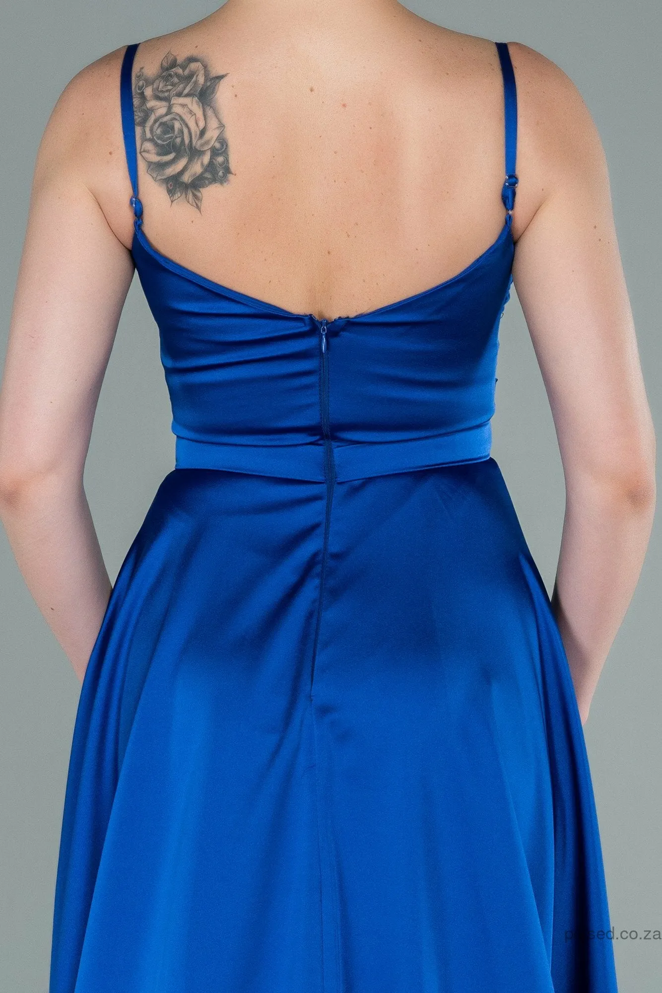 29889 Blue Draped Strap Satin Dress