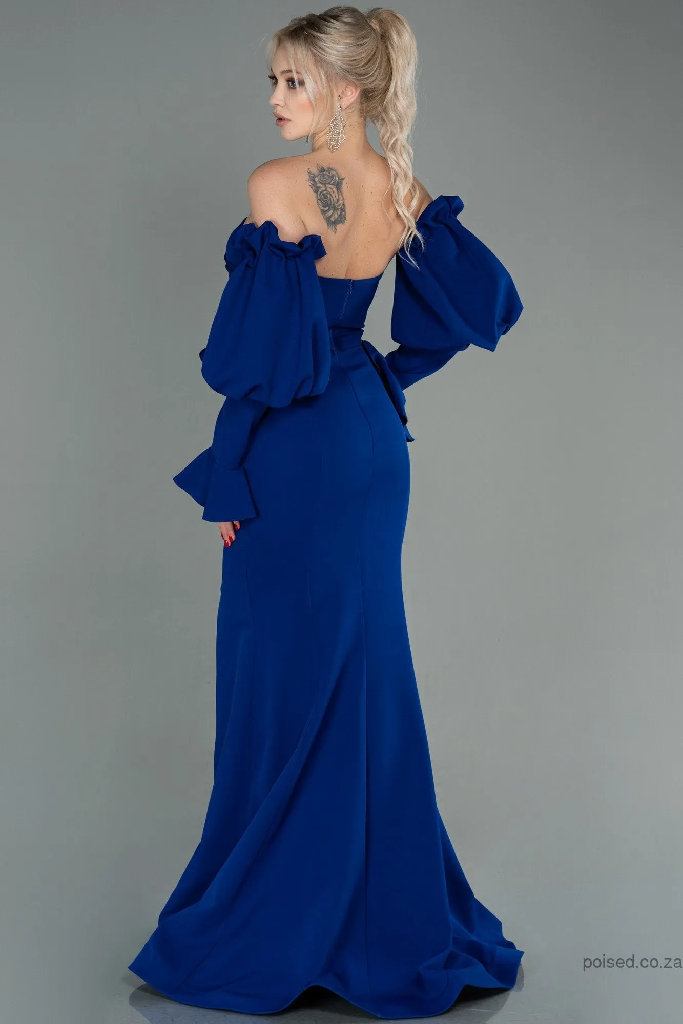 29980 Royal Blue Off-Shoulder Mutton Sleeve Slit Mermaid Dress