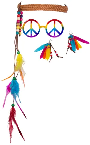 3 Piece Rainbow Hippie Costume Kit w/ Headband, Earrings & Glasses!