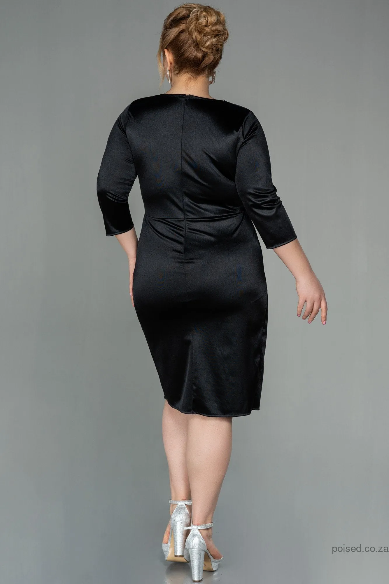 30128 Black Draped Slit Satin Dress