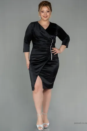 30128 Black Draped Slit Satin Dress