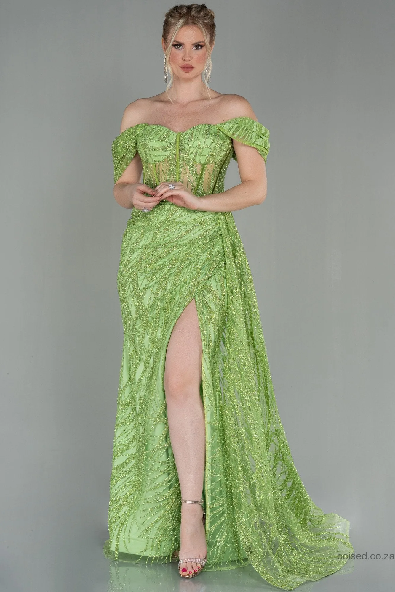 30132 Lime Green Off-Shoulder Sheer Corset Slit Dress