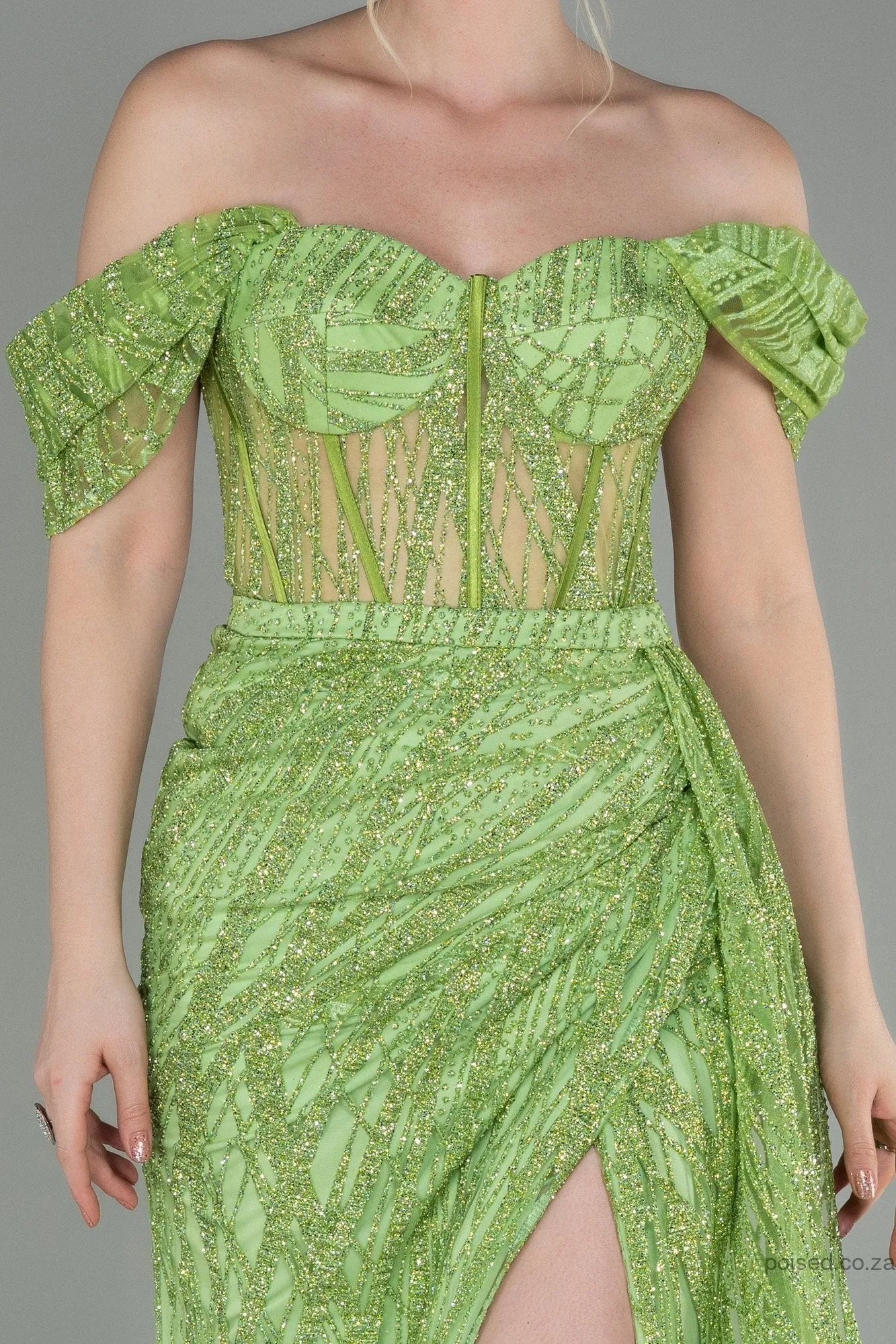 30132 Lime Green Off-Shoulder Sheer Corset Slit Dress