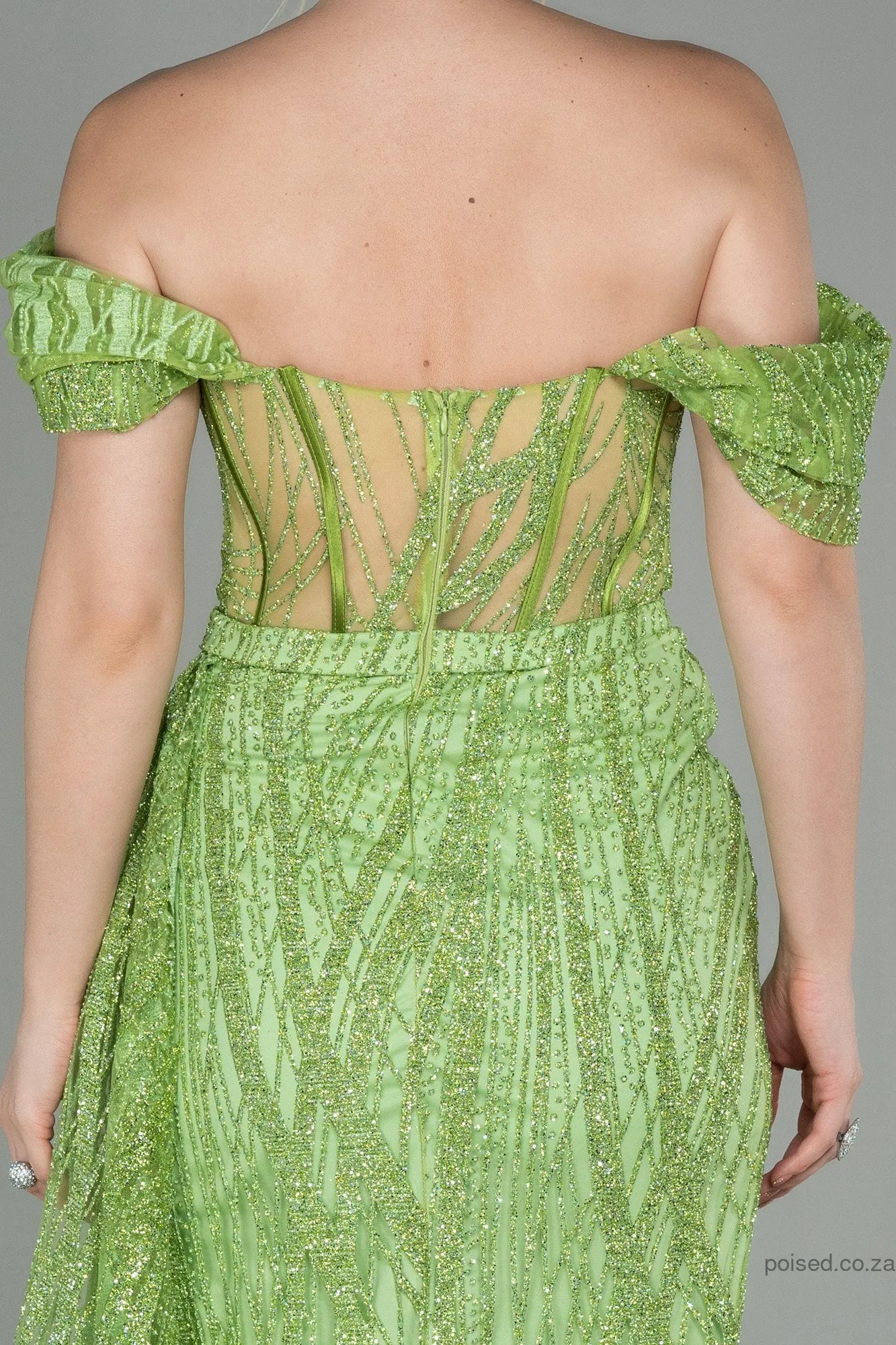 30132 Lime Green Off-Shoulder Sheer Corset Slit Dress