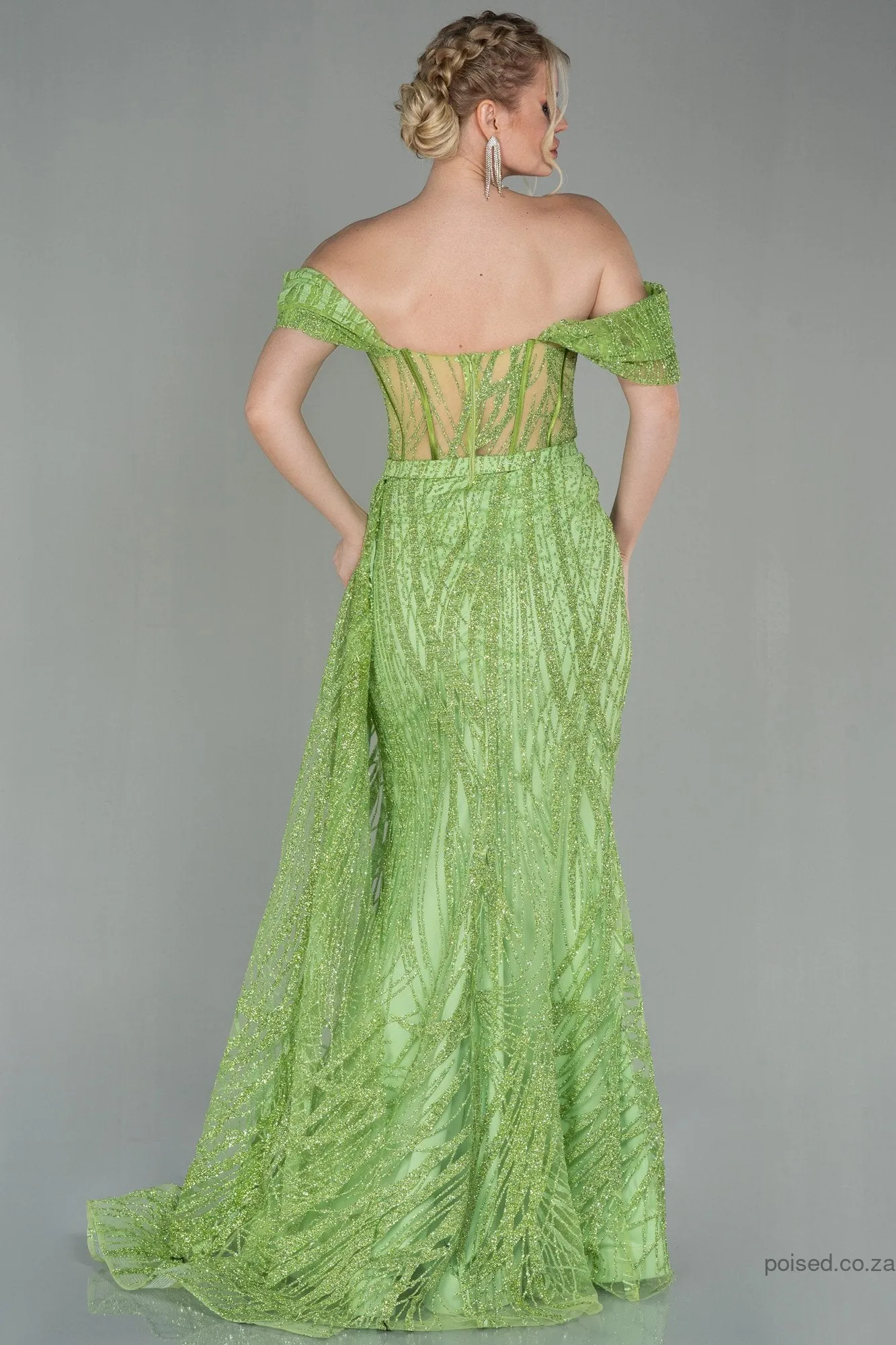 30132 Lime Green Off-Shoulder Sheer Corset Slit Dress