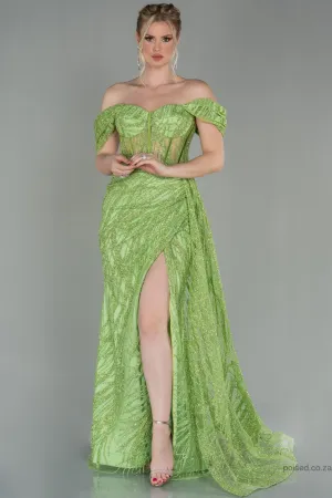 30132 Lime Green Off-Shoulder Sheer Corset Slit Dress