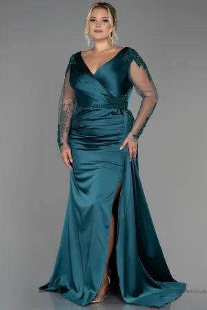 30141 Emerald Green Sheer Sleeve Draped Slit Satin Dress