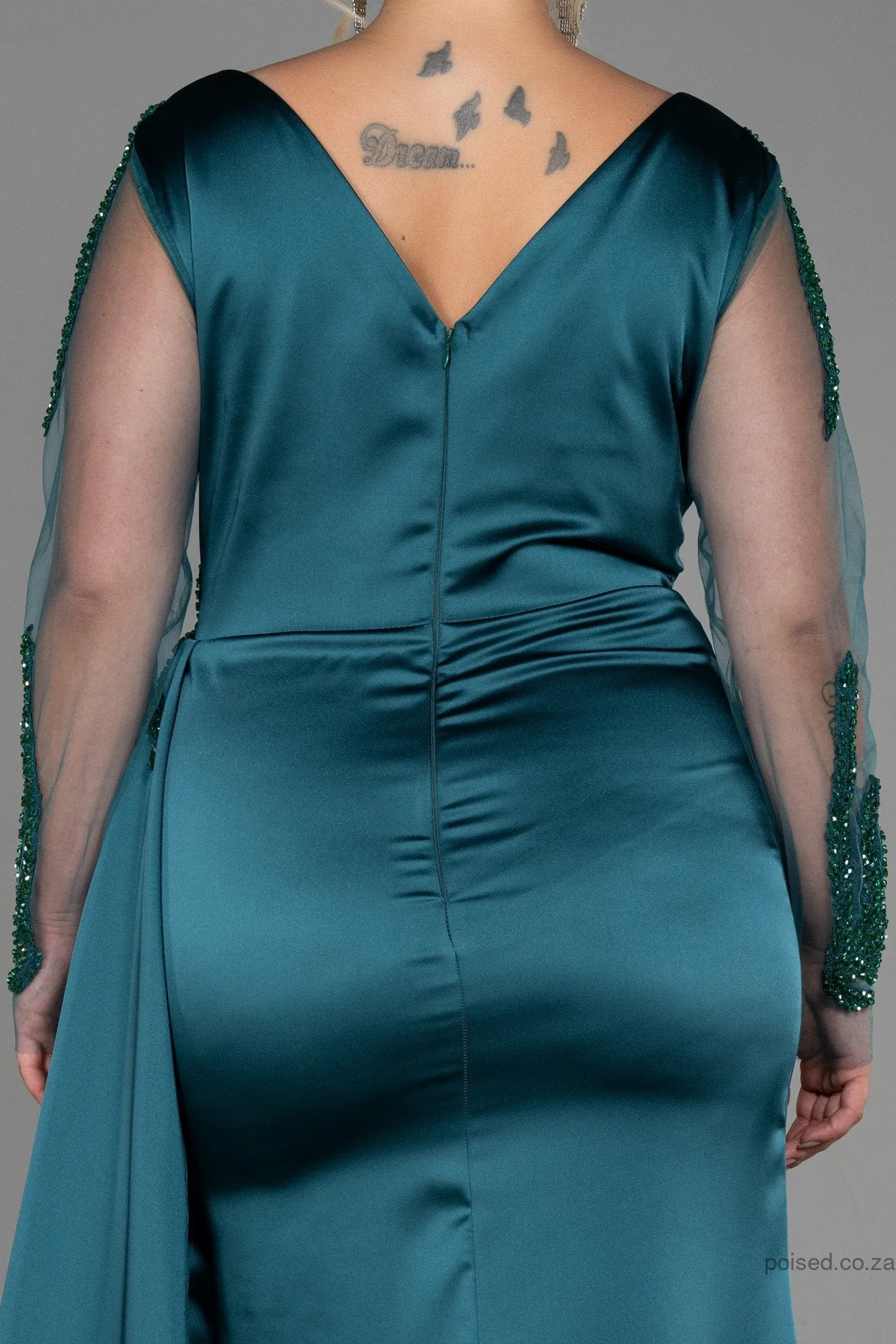 30141 Emerald Green Sheer Sleeve Draped Slit Satin Dress