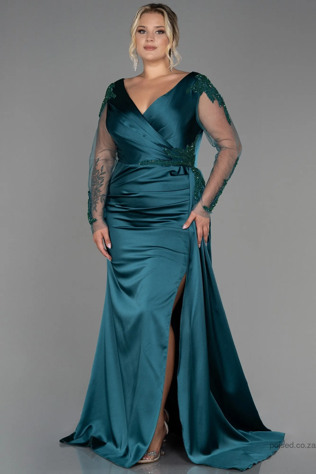 30141 Emerald Green Sheer Sleeve Draped Slit Satin Dress