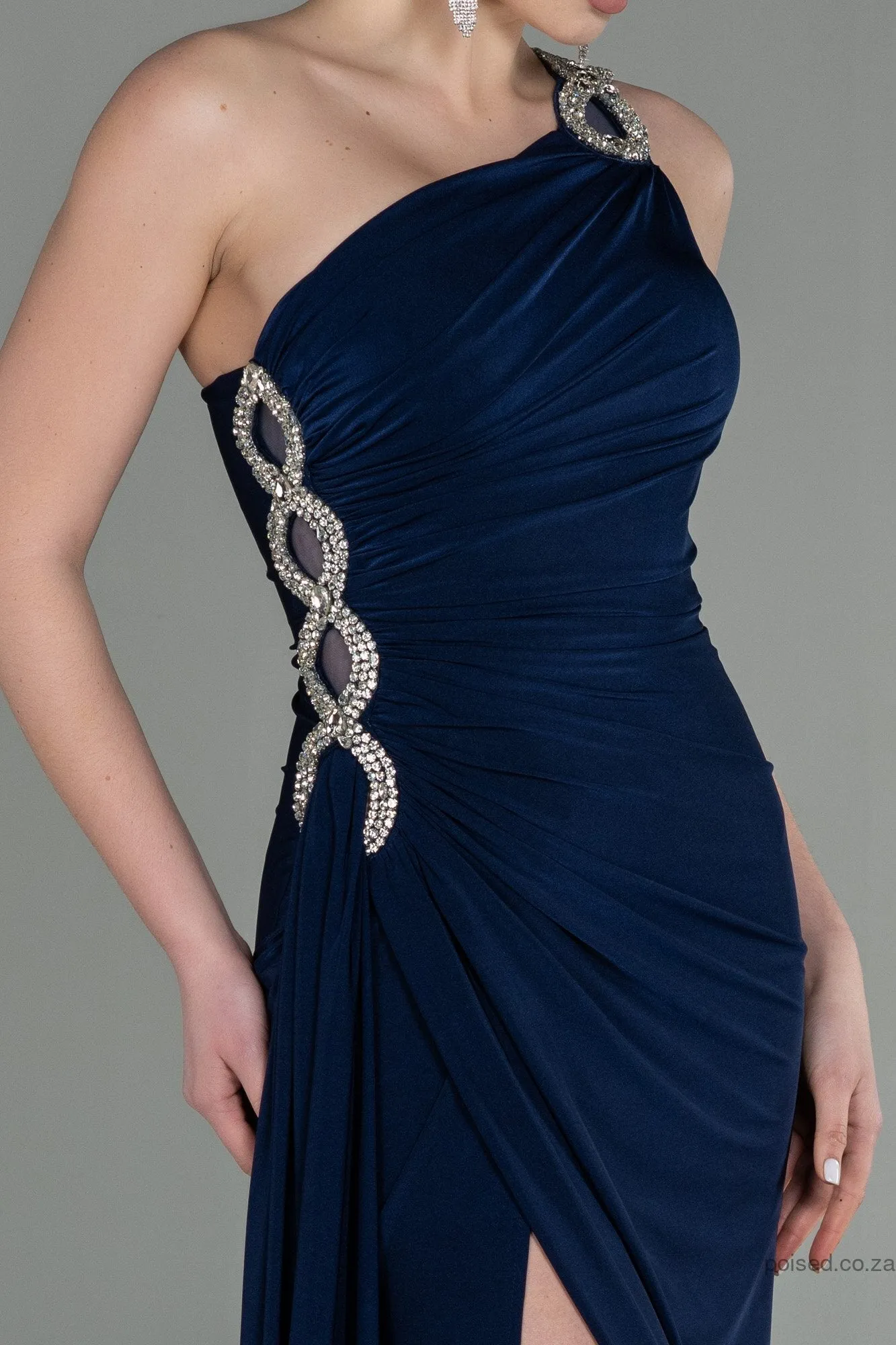 30166 Navy Blue One Shoulder Draped Slit Dress