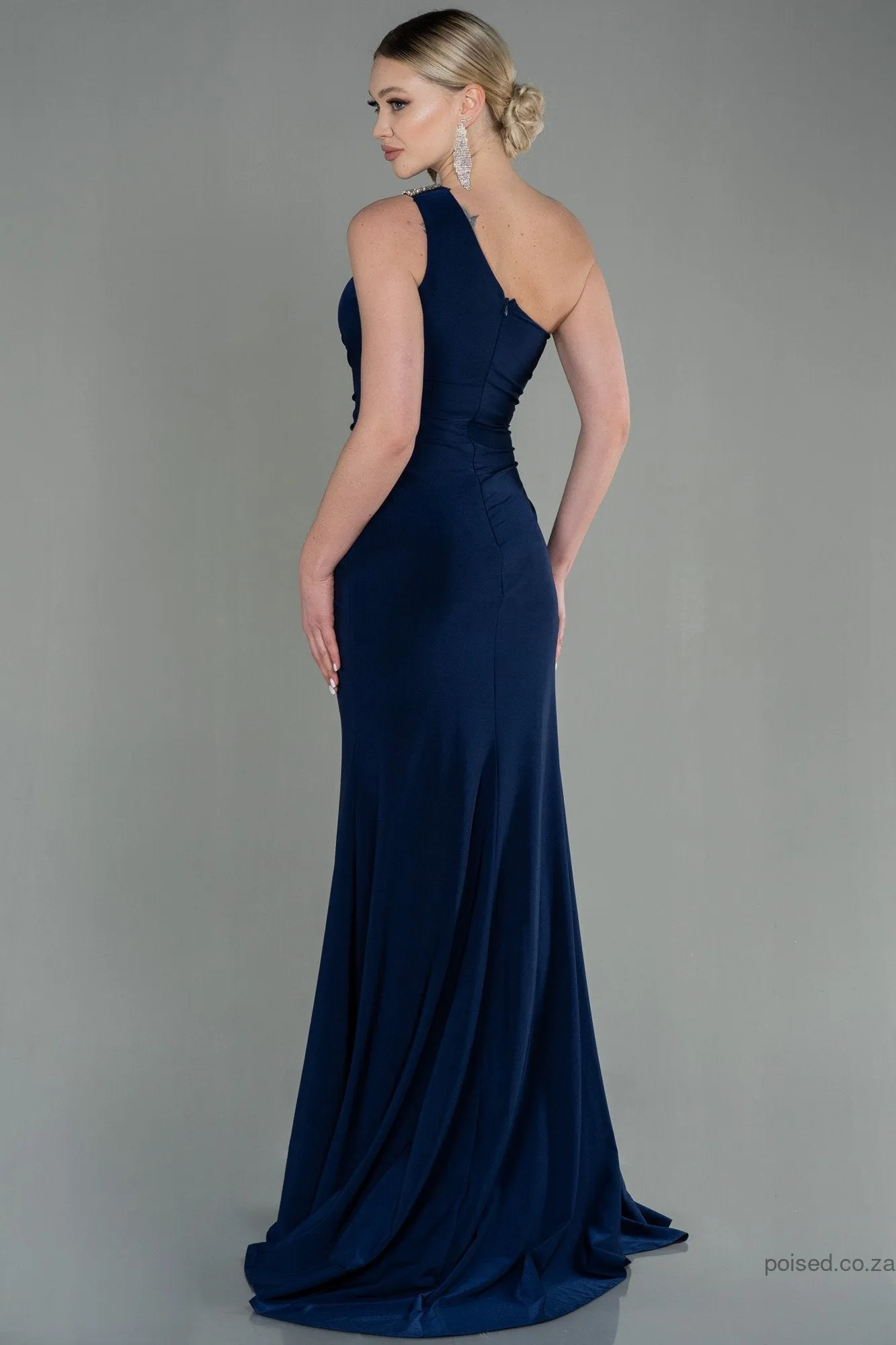 30166 Navy Blue One Shoulder Draped Slit Dress