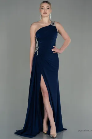 30166 Navy Blue One Shoulder Draped Slit Dress