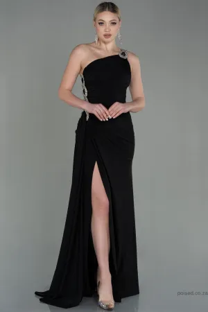30168 Black One Shoulder Draped Slit Dress