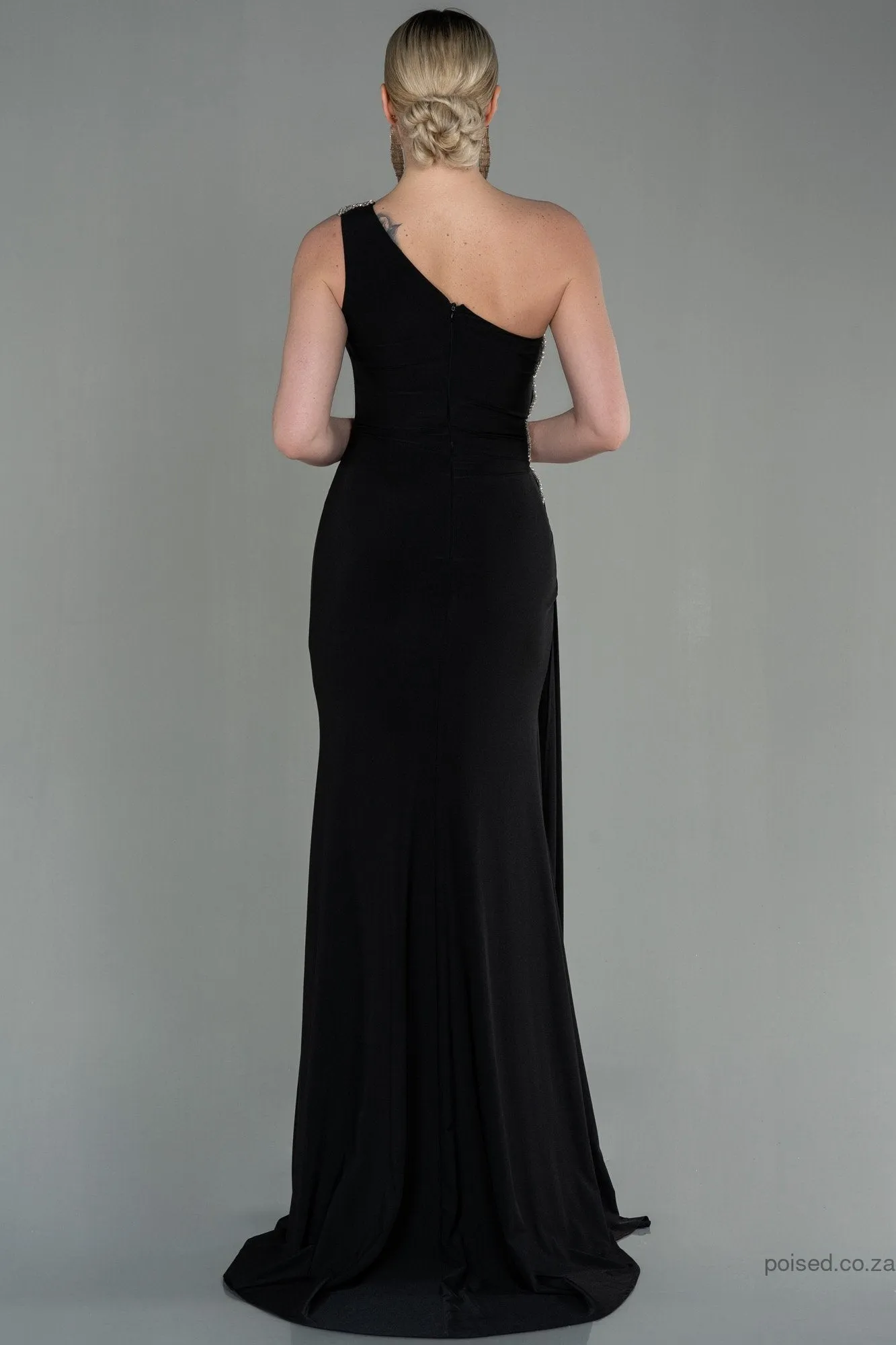 30168 Black One Shoulder Draped Slit Dress