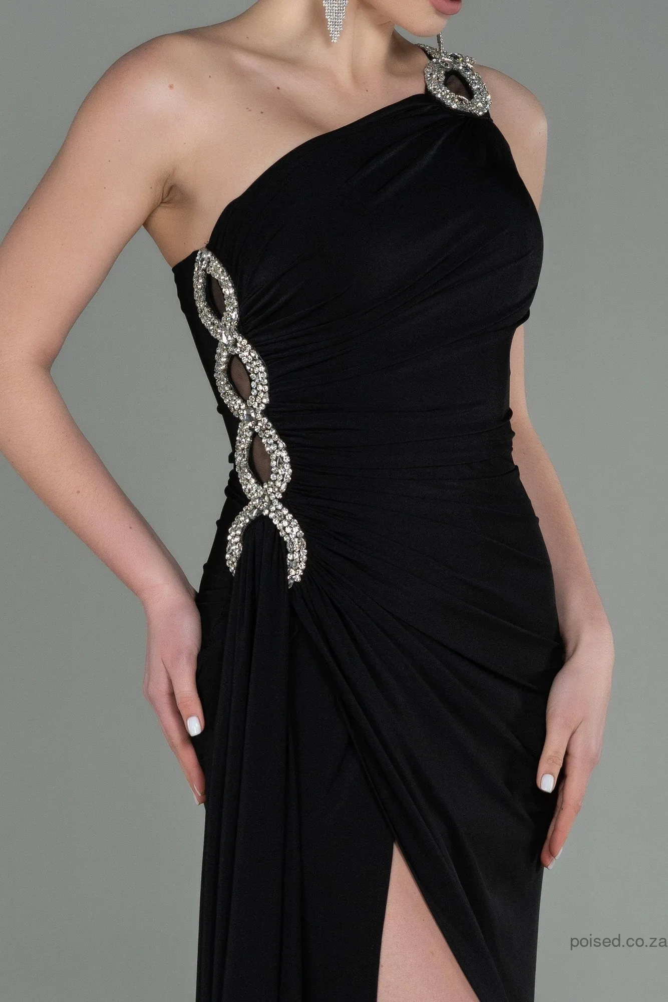 30168 Black One Shoulder Draped Slit Dress