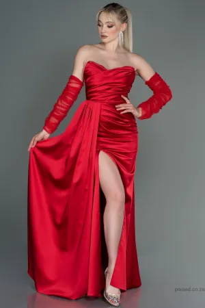 30180 Red Draped Slit Strapless Dress